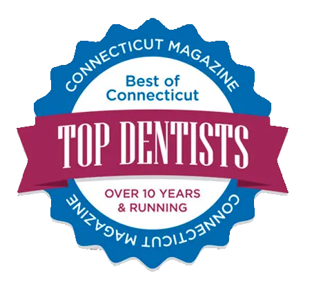 A graphic of an award which reads: Connecticut Magazine Best of Connecticut Top Dentists Over 10 Years & Running
